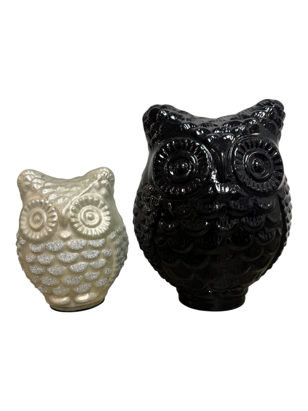 MCM Glass Owl Figurines Glossy Black & White Glitter - Set Of 2 | Fall Decor